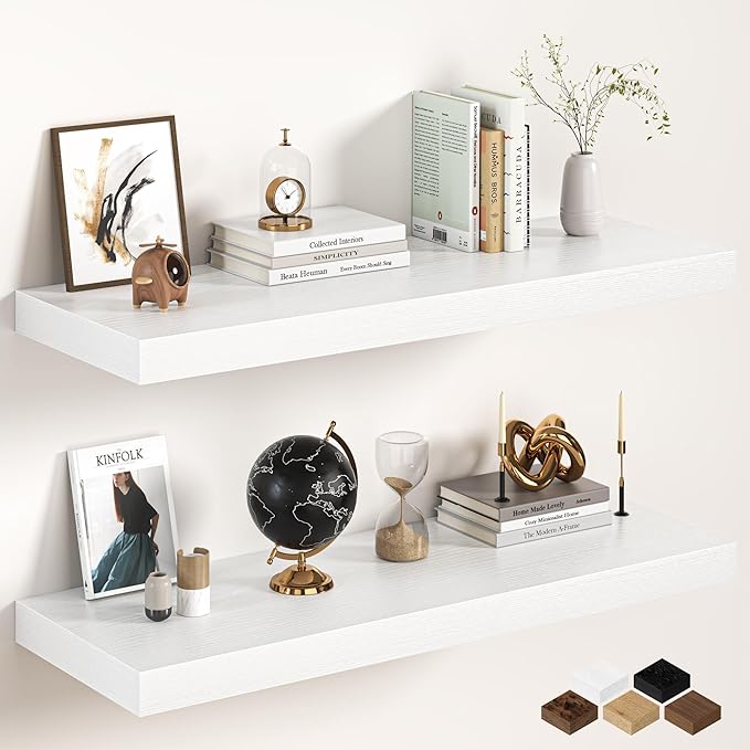 40Inch White Floating Shelves for Wall, 12 Inch Deep Shelves for Bedroom, Kitchen, Bathroom Wall Mounted, Rustic Wood Floating Shelf with Invisible Brackets for Books, Storage, Decor, 2 Packs