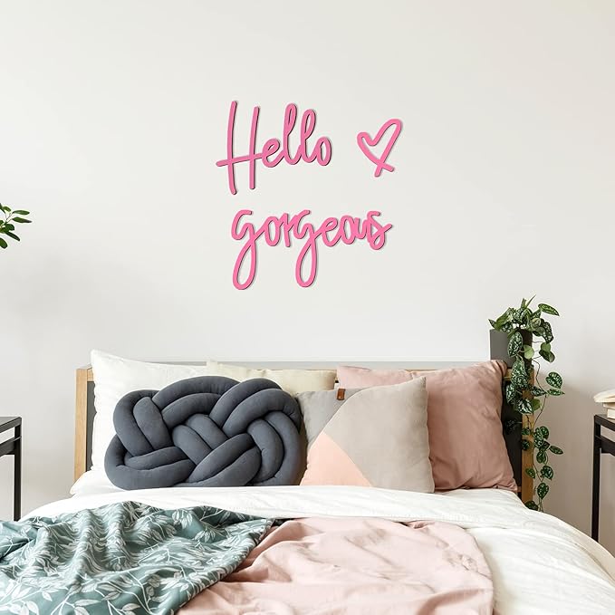 Blulu Hello Gorgeous Wall Decor Sign Hello Gorgeous Wall Art Minimalist Wooden Words Decor for Lash Room, Salon, Vanity or Makeup Room, Bathroom, Bedroom, Office(Pink)