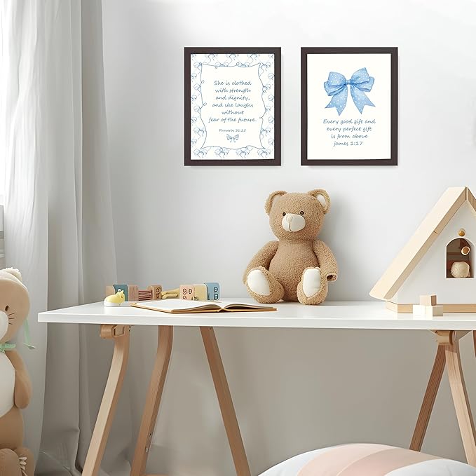 LARTSFRO Coquette Blue Bow Jesus Wall Art Decor Posters, Light Blue Bow Room Bedroom Bathroom Dorm Wall Art Decor Aesthetic for College Teen Girls Gifts, Inspirational Bible Verses Bow Wall Decor, 10x8 Inch Set of 4 Bow Pictures (DARK FRAMED)