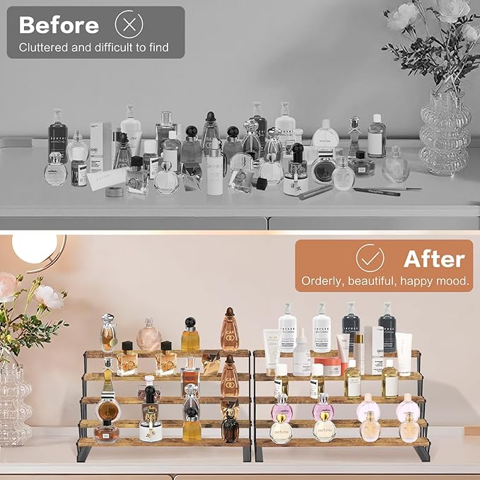 KALYLOC 5 Tier Wooden Display Riser Stand 13.8 Inch Metal Step Perfume Stand Organizer Tabletop Tiered Display Shelf Rack for Cologne Cupcake Spice Figures Cosmetics Candles (Brown, Y-Shape)