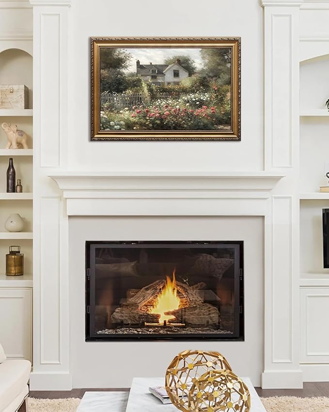 KBKBART Gold Framed Vintage Wall Art, Vintage Wildflower Countryside Canvas Oil Painting Wall Art, Rustic Antique Landscape Spring Decor Bathroom Decor for Bedroom Living Room, Gifts for Friends or Family(16"x24")