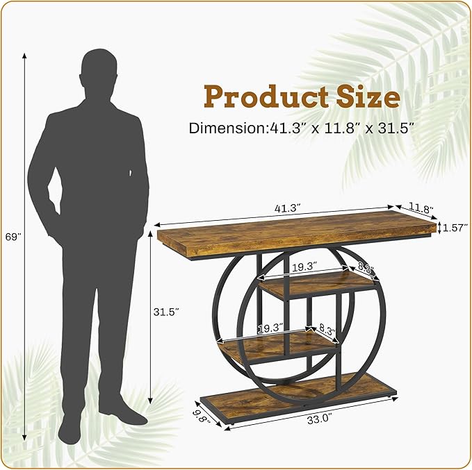 Entryway Table for Foyer,41.3 Inch Industrial Narrow Console Table,Accent Decor Living Room Furniture,Hallway & Sofa Table for Entrance,4-Tier Storage Shelves,Metal Frame,Thick Wood Top