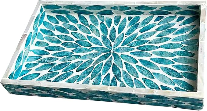 Decorative Serving Tray Lacquer Mother of Pearl Inlay Mosaic Trays for Living Room Kitchen Decor Coffee Table Tray for Tea, Table, Breakfast in Bed Trays 9.8In