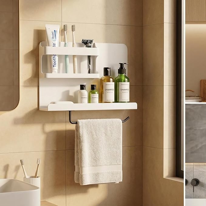 Floating Shelves for Bedside, Self Stick On Wall Mount Shelf Organizer with Hooks, Cute Room Decor Aesthetic, Multi-Functional Storage for Bedroom, Office, No Drilling Adhesive Hanging Shelf (White)