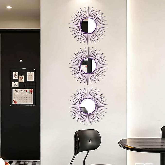 3 Pack Metal Mirrors for Wall Sunburst Wall Mirrors Home Décor Decorative Hanging Wall Art for Living Room Bedroom Entryway (Purple, Sunburst)