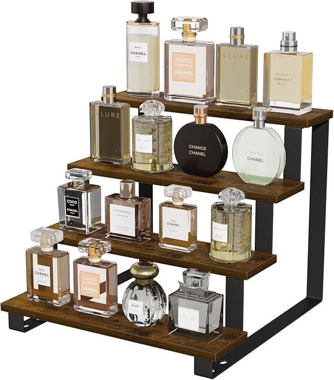 YINMIT Wooden Display Riser Stand,15.75 Inch Tiered Perfume and Cologne Organizer Stand, 4 Tier Spice Rack Organizer, Rustic Display Shelf for Cupcake, Figures, Candles (4 Tier Brown, 15.75 In)