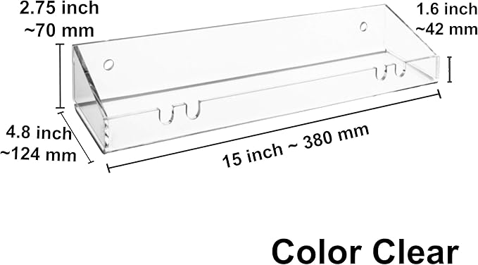 AMT 2 Pack Acrylic Floating Shelves, 15"L x 4.8"W, Clear Bathroom Wall Shelves, Bookshelves, Invisible Shelf For Office, Bedroom, Kitchen, Design with Hanging Slots for Sponge, Free Screws & Drill Bit