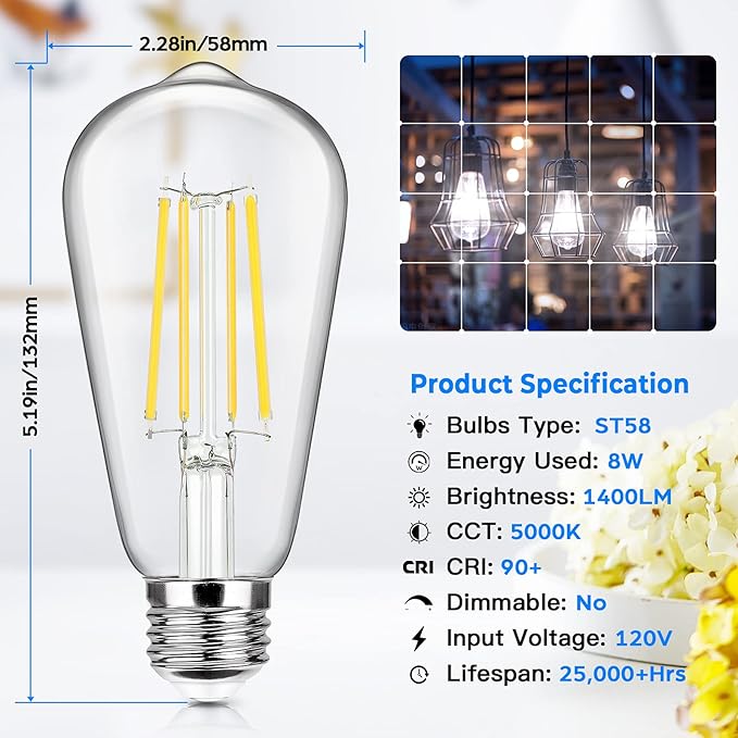 4-Pack Vintage E26 LED Edison Bulbs 100W Equivalent 1400LM High Brightness 8W ST58 LED Filament Light Bulbs 5000K Daylight White Medium Base CRI90+ Antique Clear Glass for Home Kitchen, Non-dimmable