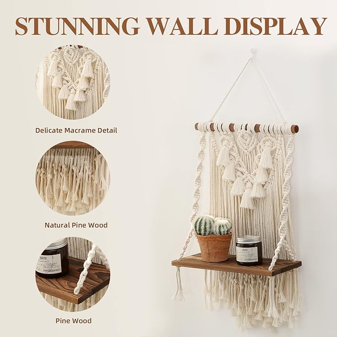 ANROYE Single Tier Macrame Boho Wall Hanging Shelf, Handmade Bohemian Wooden Woven Plants Floating Shelves Decor, Mini Chic Organizer for Bathroom Bedroom Western Home Nursery Storage Gift