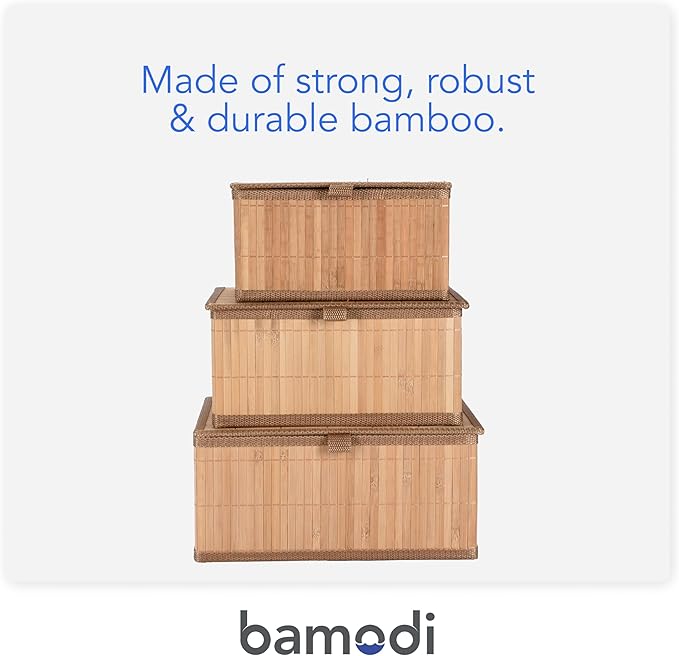 Bamboo Decorative Storage Boxes With Lids - Nesting Rectangular Lidded Box for Organization - Stackable Basket with Cloth Liner - Organizer for Toys, Home, Office - Woven Basket - Set of 3