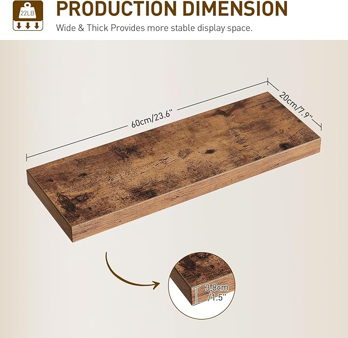 RALGEND Floating Shelves for Wall, 23.6“ Long Wall Shelf Set of 4 with Invisible Brackets, 1.5" Thick Hanging Shelves Farmhouse Home Decor for Bathroom, Living Room, Bedroom, Rustic Brown 6301BJP4BF