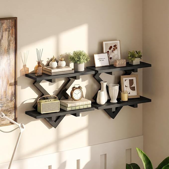 HOOBRO 15" Floating Shelves for Wall, Set of 2 Wall Shelf, 2-Tier Hanging Shelves, Wall Mounted Storage Shelf, Display Rack, for Living Room Bedroom Kitchen Bathroom, Black BB14BJP201