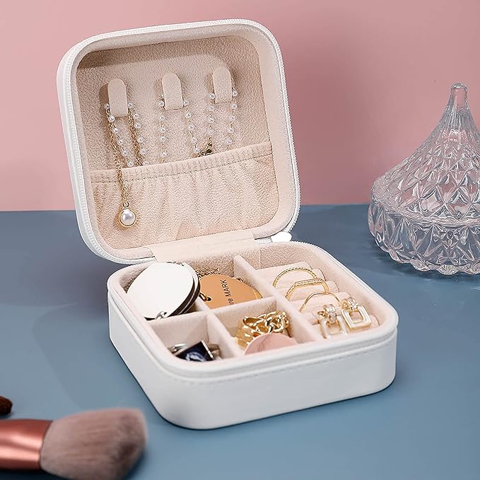 Two Makeup Brushes Jewelry Box Portable Mini Travel Case Display Storage Holder Boxes PU Leather Small Jewelry Organizer for Women for Stud Earrings Rings Necklaces Bracelets