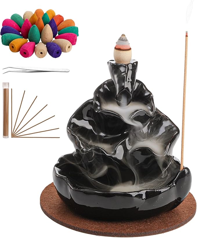 Kingrol Complete Backflow Incense Set: 1 Ceramic Cone Burner, Mat, Tweezer + 60 Sticks & 100 Backflow Cones for Zen Home Decor, Yoga, Meditation, Daily Relaxation