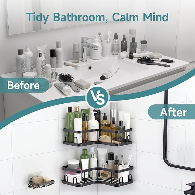 Veken Corner Adhesive Shower Caddy 4-Pack with Soap Holder&Hooks,No Drilling Shower Shelves,Rustproof & Waterproof Bathroom Organizers and Storage,Rack for Small Spaces, Kitchen&Rental-Friendly,Black