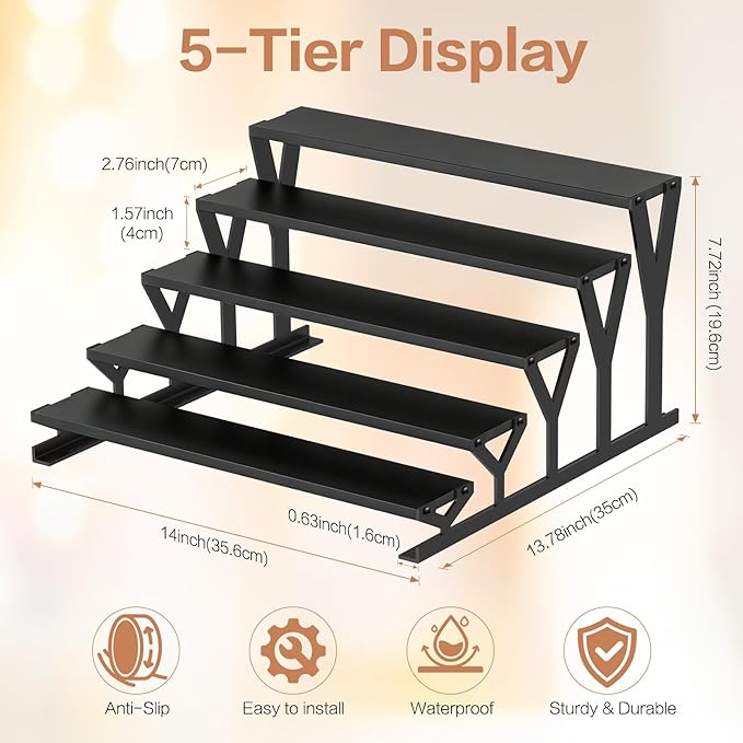KALYLOC 5 Tier Wooden Display Riser Stand 13.8 Inch Metal Step Perfume Stand Organizer Tabletop Tiered Display Shelf Rack for Cologne Cupcake Spice Figures Cosmetics Candles (Black, Y-Shape)