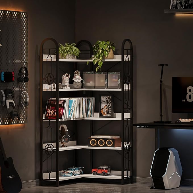 72" Corner Bookshelf, 5-Tier Tall Industrial Book Shelf, L-Shaped Bookcase with Metal Frame and Wood Laminate Shelves，Storage Display Shelving Unit for Living Room,Home Office