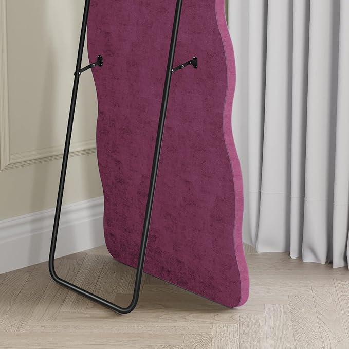 Dewfig Full Length Mirror, 63" x 24" Irregular Wavy Mirror, Large Floor Length Mirrors Wall Mounted, Standing Wavy Mirrors with Flannel Wrapped Wooden Frame for Bedroom/Living Room, Hot Pink