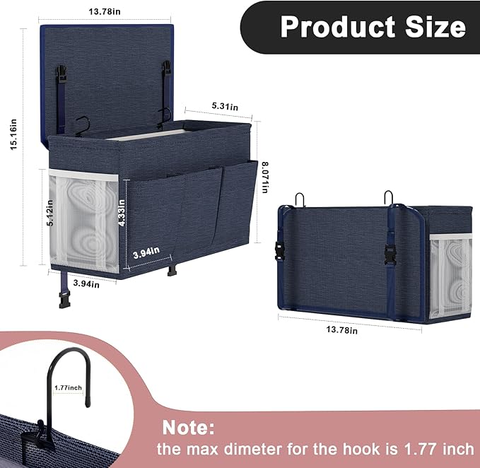 Edudif Dual-purpose Bedside Caddy Bedside Organizer, Bed Caddy with 6 Pockets, Versatile Bedside Storage Solution Magazine Remotes holder, ideal for Home, Dorm, Hospital, Crib Bed (Navy 2pcs)