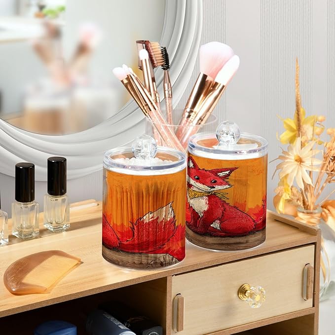 2 Pack Apothecary Jars,Sit Fox Stream Art Bathroom Vanity Storage Organizer Set,Small Clear Plastic Storage Jars Bathroom Canister for Cotton Swabs,Rounds,Balls,Qtips,Makeup Sponges