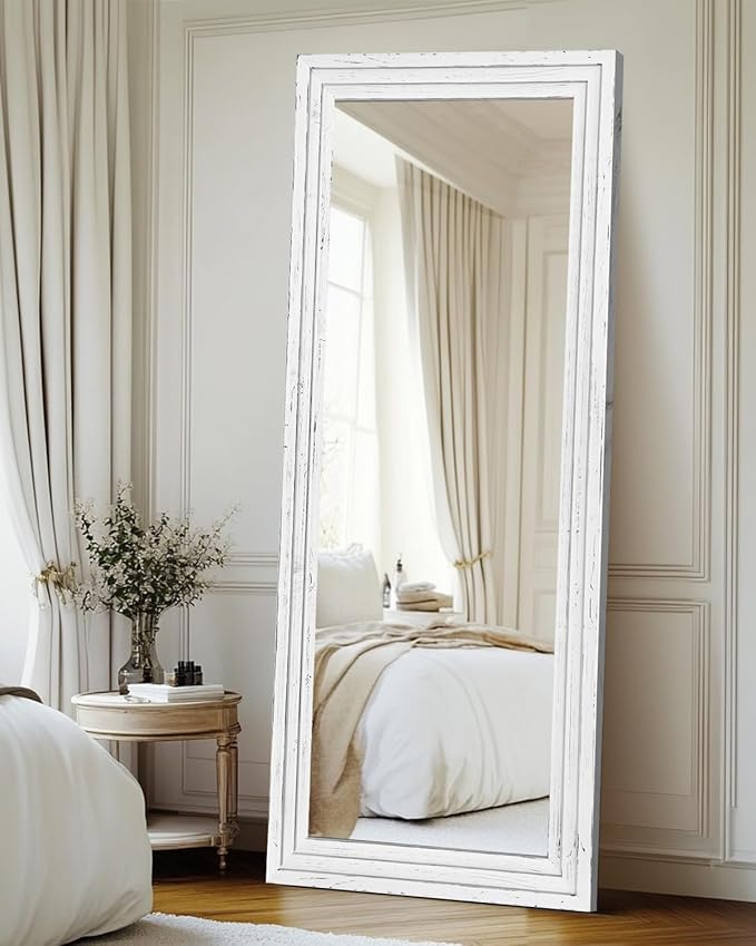 Full Length Mirror 65"x24" Solid Wood Frame Floor Large Mirror for Living Room, Bedroom Hanging or Leaning Wall-Mounted, White