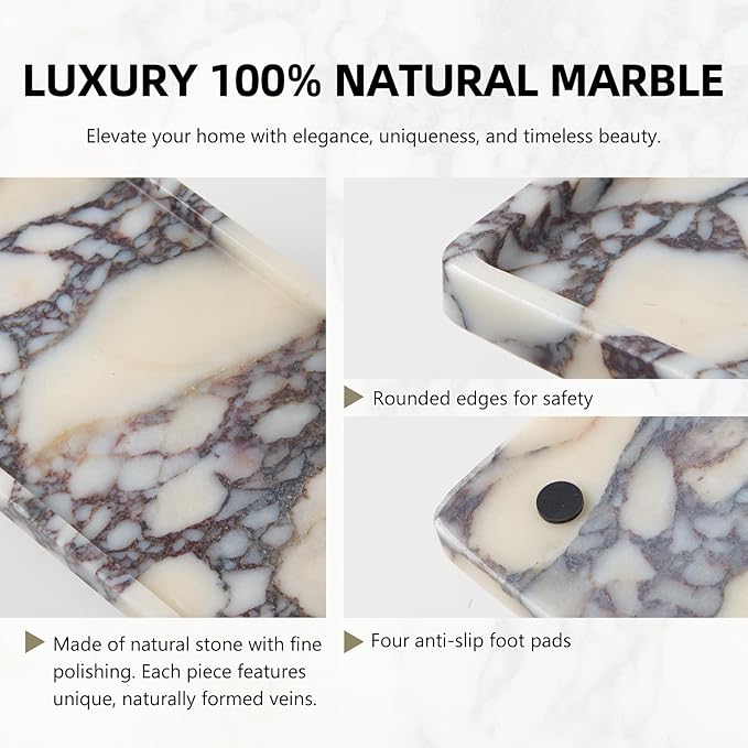Luxury Natural Rectangle Marble Tray – 11.8 x 5.9-Inch Calacatta Viola Stone Vanity Tray, Modern Makeup Organizer for Perfume Skincare Products, Decorative Tray for Bathroom Coffee Table & Dresser