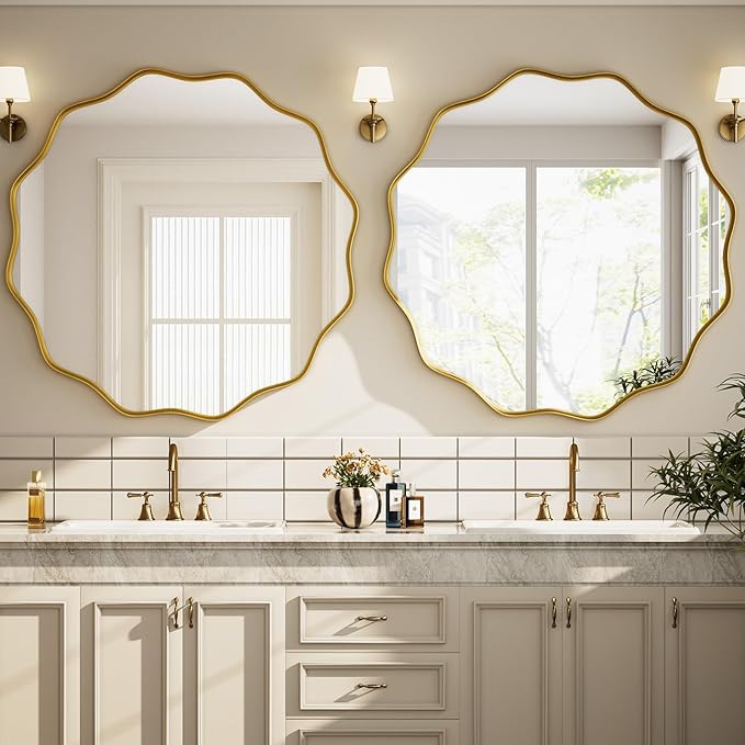 Round Wavy Mirror 36 Inch Bathroom Vanity Mirror Metal Frame Circle Wall Mounted Mirror for Bedroom Living Room Entryway Gold