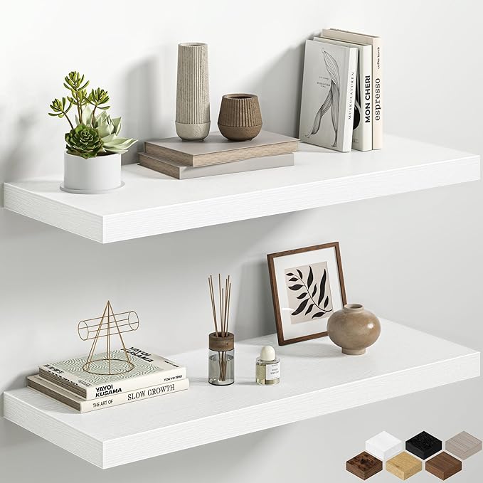 Fun Memories White Floating Shelves - 2 Pack 30 Inch Long Rustic Wooden Wall Shelves - 12 Inch Deep Wall Mounted Storage Shelf with Invisible Heavy-Duty Brackets for Books, Bathroom, Kitchen