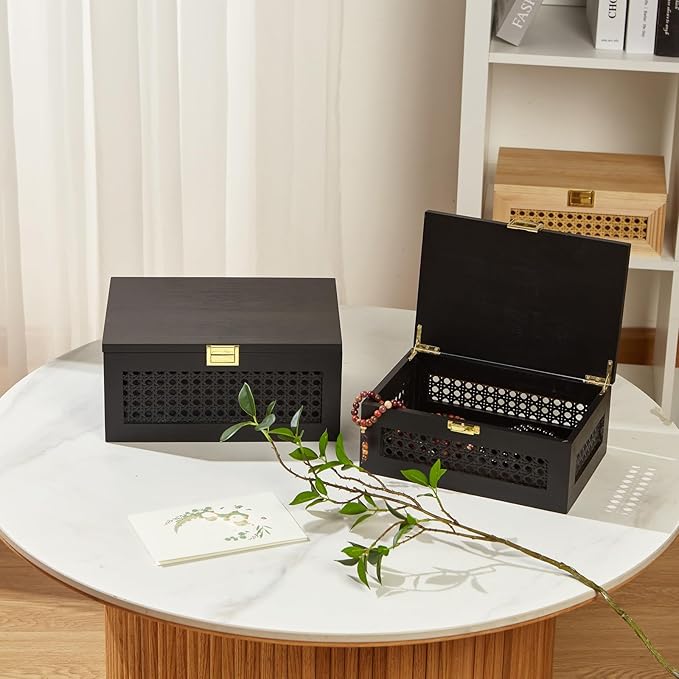 2PCS Decorative Rattan Storage Boxes Solid Wood Baskets Bins with Lid Keepsake Memory Jewelry Box Natural Boho Shelf Wicker Closet Desk Organizer Container (Black, 1 Large 1 Small)