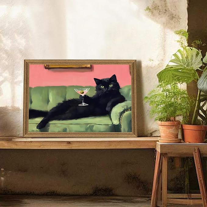 Fantasy Artists Humorous Black Cat Character Wall Art – Relaxed Anthropomorphic Illustration with Playful Attitude, Framed Canvas for Living Room, Office or Creative Space, 20W X 30H
