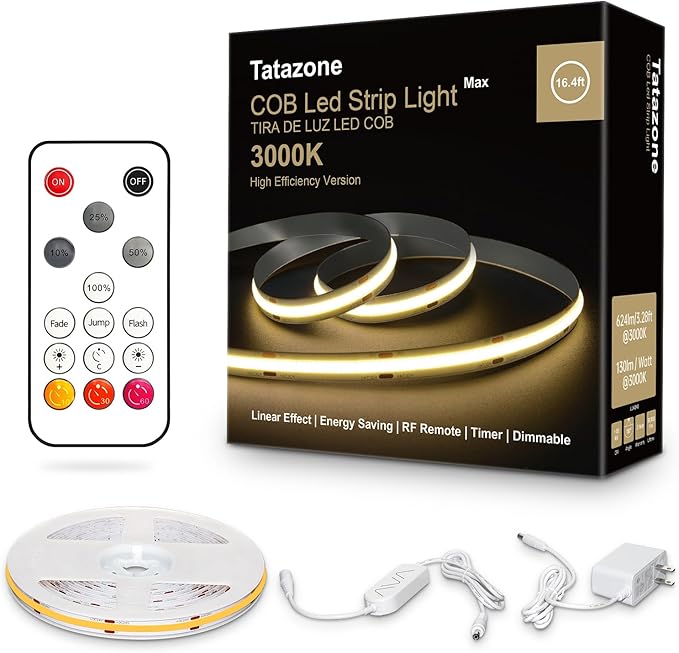 Tatazone White COB Led Strip Lights Max with RF Remote, 16.4ft 3000K Dimmable Ultra Bright Warm White COB Light Strip, Adhesive Indoor COB Led Lights for Living Room, Shelf, Cabinet