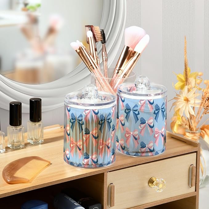 4 Pack Qtip Holder Dispenser Pink Bow Blue Pattern Cotton Ball Swab Round Pads Floss Clear Bathroom Storage Containers Plastic Apothecary Jars with Lids