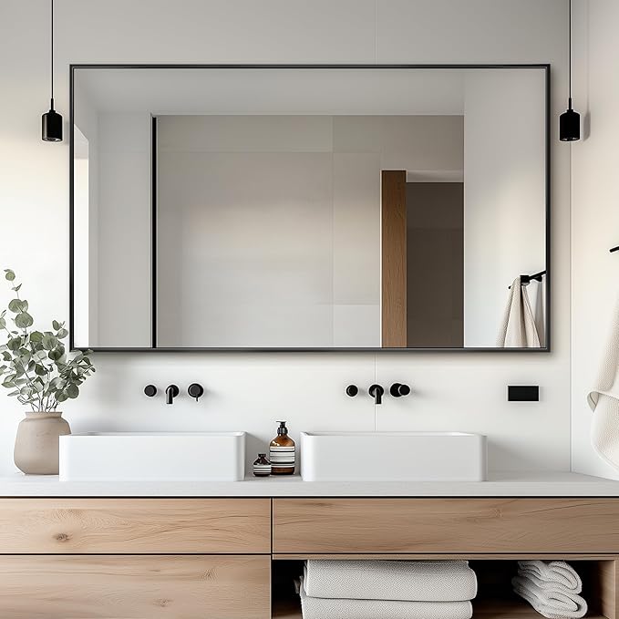 Antok 50x30 Black Metal Framed Bathroom Mirror, Wall Mirror with Rect Corners, Vanity Mirror for Over Sink, Anti-Rust Tempered Glass, Horizontal/Vertical Hanging for Bathroom, Living Room, Entryway