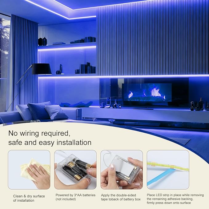ZSLAIFU Battery Powered LED Strip Lights, 3.3FT COB LED Strip Light, Battery Operated LED Lights, Ice Blue LED Strip Lights Battery Powered for Closet, Cabinet, Shelf, Kitchen, DIY Lighting