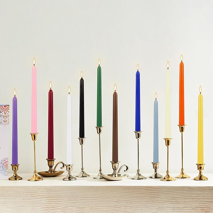 YOROXRG 24 Colored Taper Candles, 7-8 Hours Burn Time, Unscented, Smokeless and Dripless, 0.75 x 10 Inch Dinner Candle Set for Household, Wedding, Party and Home Décor Candlesticks