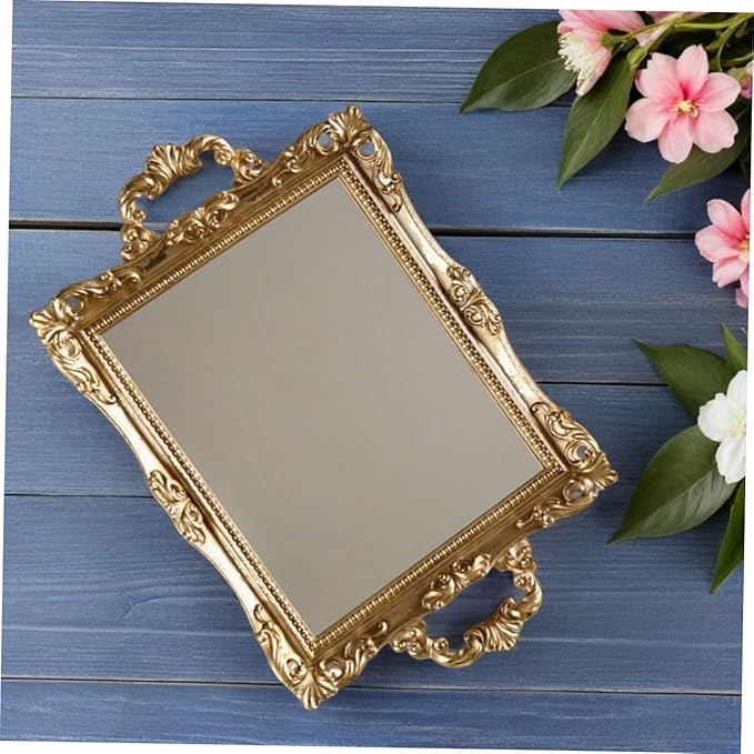 Veemoon Vintage Carved Mirror Tray Nordic Style Golden Resin Decorative Storage Plate for Perfume Makeup Organizer Wedding Dessert Table