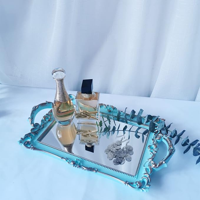 Small Rectangle Decorative Mirror Tray, French Style, Makeup Organizer, Jewelry Organizer, Serving Tray, 13"x 7.8", Golden Blue