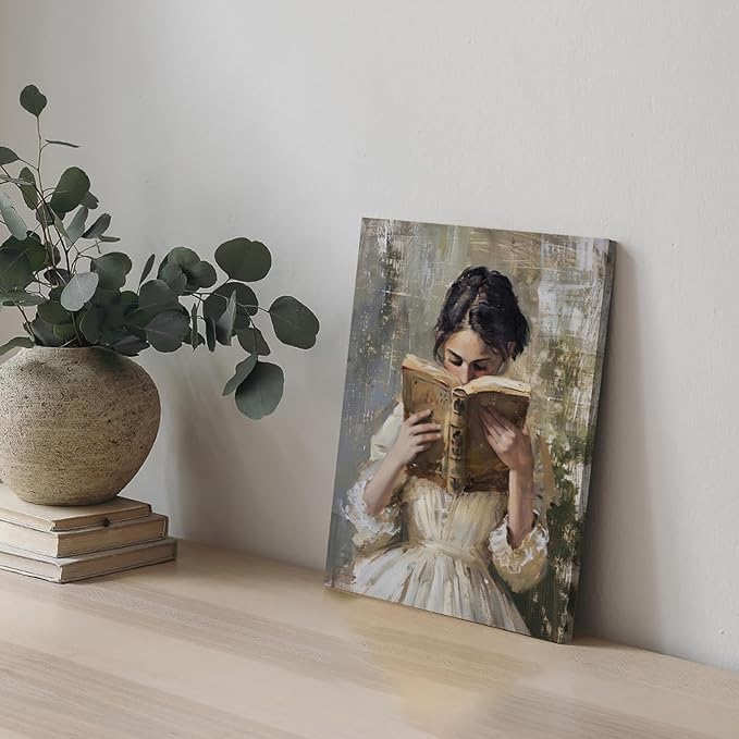 Vintage Victorian Woman Reading Book Wall Art Light Academia Wall Decor Paintings Picture Moody Girl Aesthetic Poster Canvas Print for Bedroom Living Room Dorm Library Nook 12x16Inch Framed