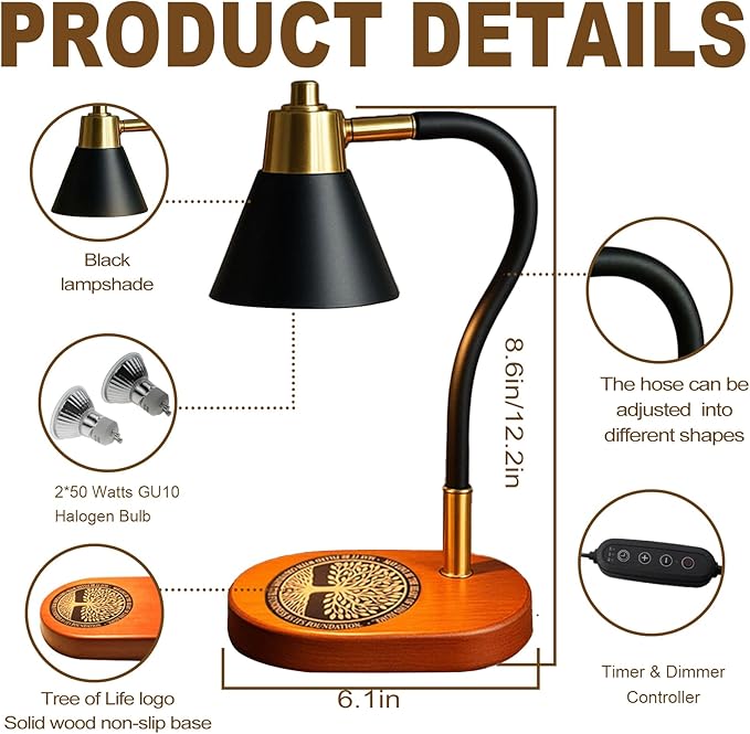 Candle Warmer Lamp with Timer & Dimmer, Adjustable Height Electric Wax Melter for Jar Candles, Dimmable Candle Lamp with Wooden Base & 2 Bulbs, Flameless Home Decor Gifts for Mom Women, Black