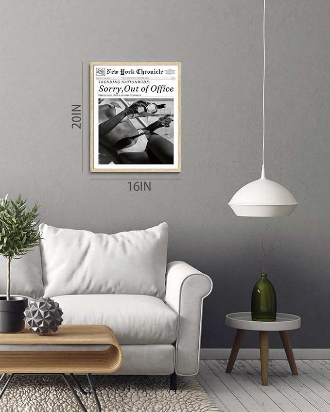 Bwodke OAK Wood Framed Wall Art Sorry Out Of Office Canvas Art News Pictures Wall Decor Vintage Newspaper Prints Trendy Artwork for Girly Dorm Bedroom 16"x20"