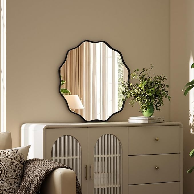 Round Wavy Mirror 20 Inch Bathroom Vanity Mirror Metal Frame Circle Wall Mounted Mirror for Bedroom Living Room Entryway Black