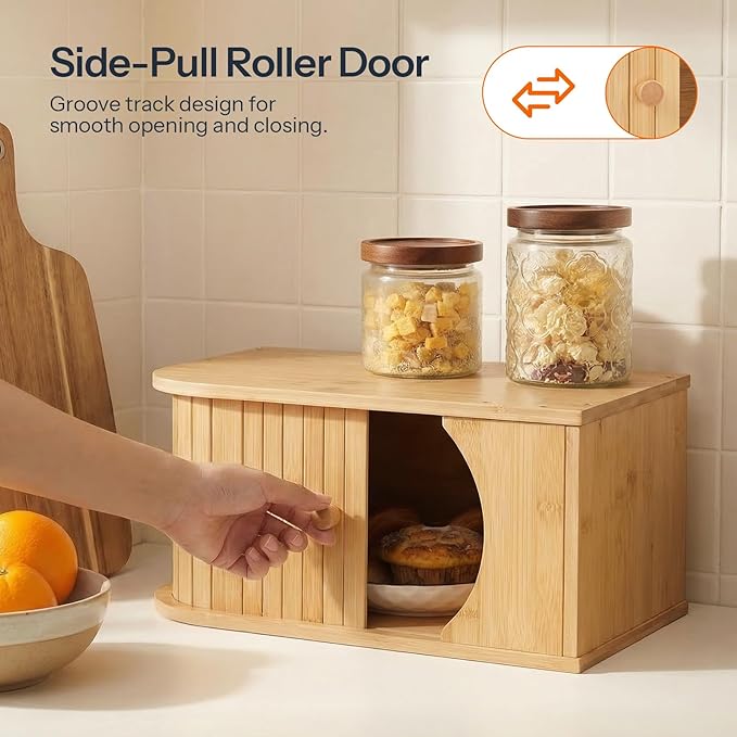 HOOBRO Bread Box, Bamboo Bread Box for Kitchen Countertop, Corner Bread Box with Roller Door, Bread Storage Container, Bamboo Food Storage Cabinet, for Kitchen, Dining Room, Natural YL20MB01
