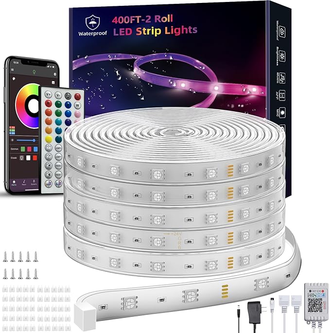Ledagic 398ft (2*199ft) Outdoor Led Strip Lights Waterproof, Ip68 Outside Led Light Strip Waterproof with Remote and App Control, Exterior Led Rope Lights Music Syne RGB Strip Lights for Party Decor
