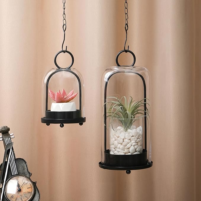 5" & 4" Wide Versatile Metal Candle Holder in Black with Handmade Thick, Heavy & Sturdy Glass Dome for Pillar Candle, Industrial, Modern, Shelf, Mantel, Veranda, Porch (Black, Large & Small)