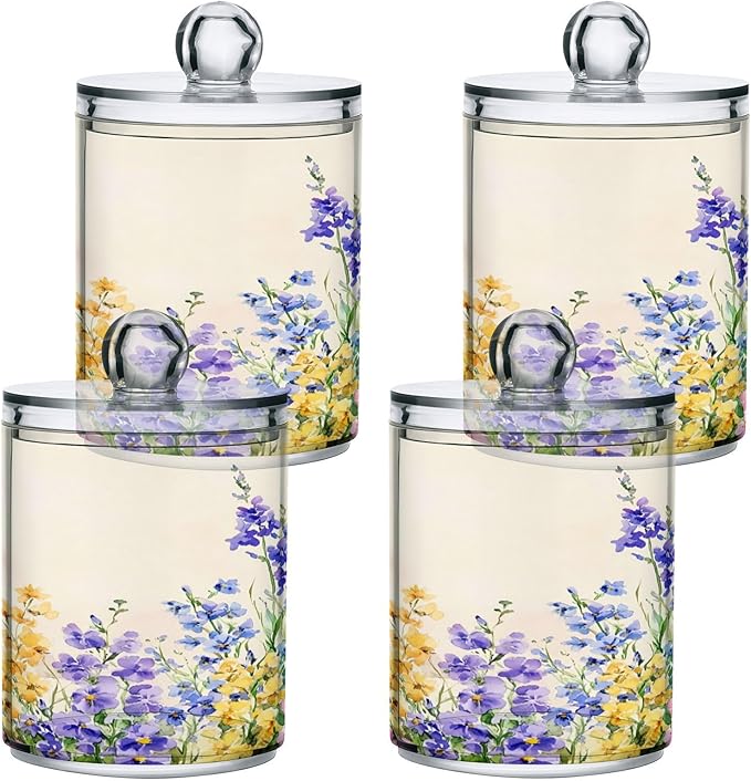 Nander 4Pack Beautiful Wildflowers Qtip Holder Dispenser -Clear Plastic Apothecary Jars Set - Restroom Bathroom Makeup Organizers Containers for Cotton Swab, Ball, Pads, Floss