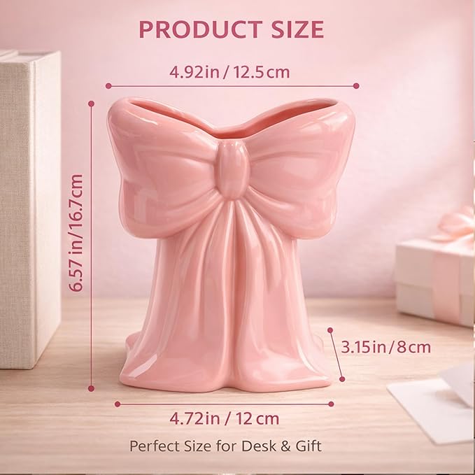 Pink Ceramic Bow Vases for Flowers, 6.1 Inch Flower Vases, Cute Makeup Brushes Organizer, Decorative Pen Holder for Office Home Dining Room Table Decor Bedroom Women Gifts (Pink)