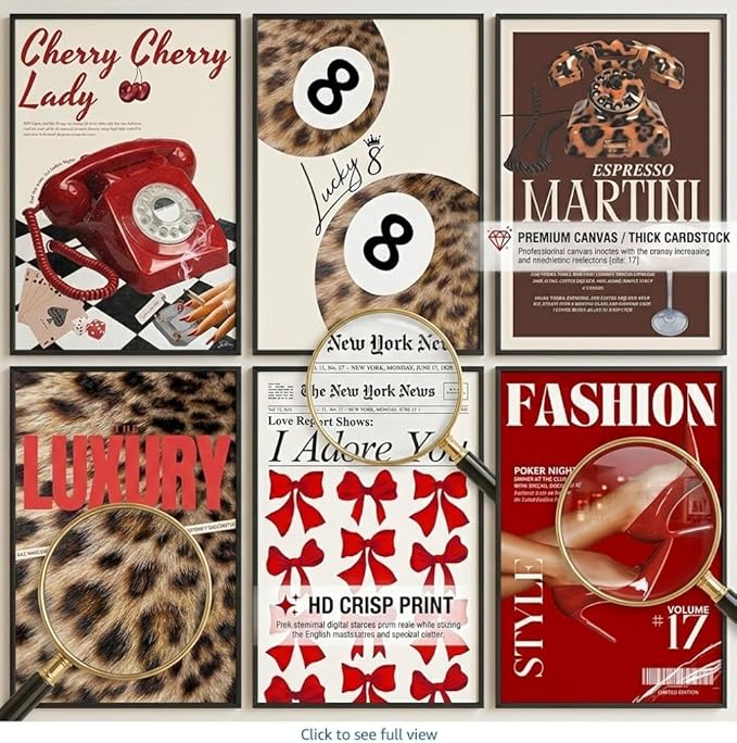 Y2K Room Decor Aesthetic, 6 Pcs Red Eclectic Wall Art Set, Funky Preppy Room Decor, 8 Ball & Lucky You Poster, Cheetah Leopard Print Canvas Wall Art, 8x12 Unframed Gallery Wall for Bedroom Dorm Apartment