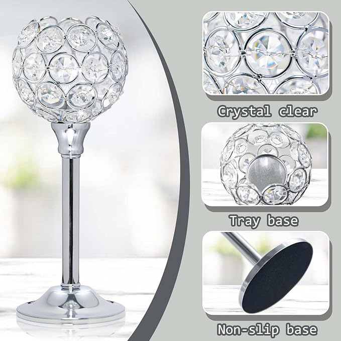 Set of 3 Silver Crystal Metal Tealight Candlestick, Bling Bowl Candelabras, Tall Votive Candle Holders Elegant Candle Centerpiece for Dining Table Wedding Decor