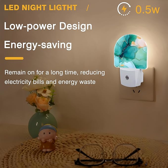 Night Light, Turquoise and Gold Marble Night Lights Plug into Wall Dusk to Dawn Sensor Round Nightlight for Women Men Energy Efficient Led Lamp 0.5W for Stairway Hallway Bedroom