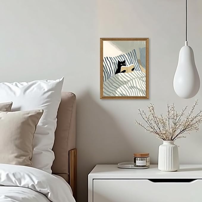 Fantasy Artists Reading Black Cat on Bed Wood Framed Wall Art, Easy to Hang Fade Resistant Art Prints, Perfect for Bedroom Living Room Bathroom Home Office Wall Decor, 8x10 Inches